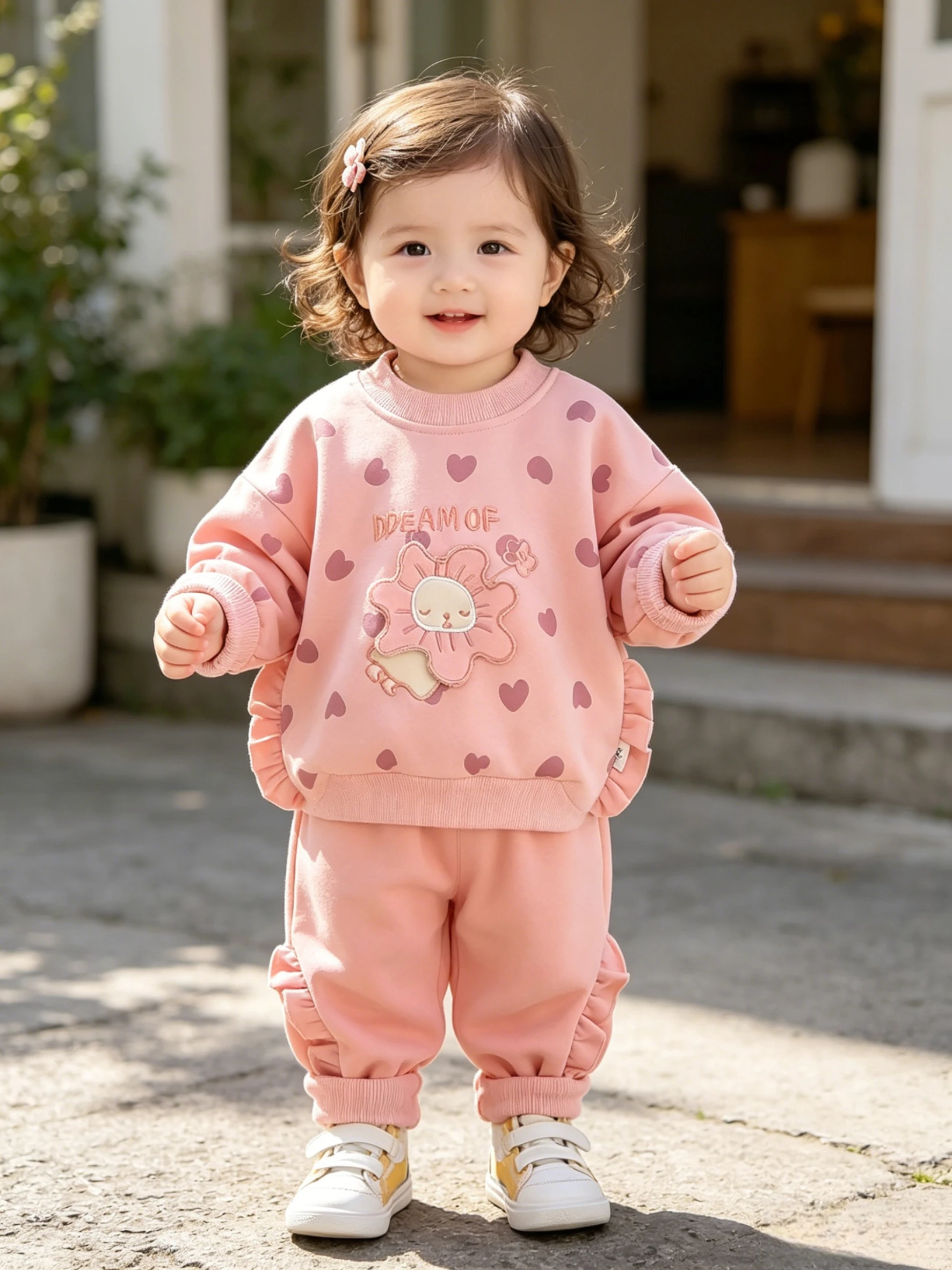 

Girls Pink Heart Print Flower Embroidery 2Pcs Tracksuit Set