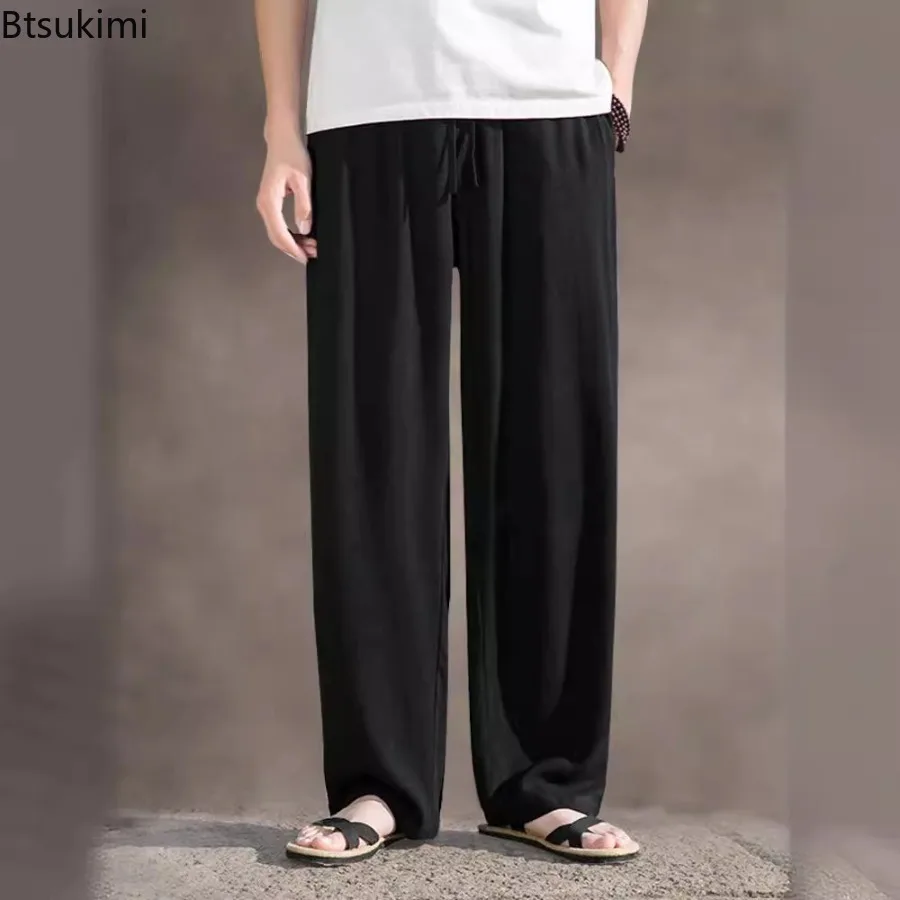 Summer Casual Linen Trousers for Men Loose-fit Straight-leg Cropped Pants Chinese Style Summer Thin Cotton Linen Wide Leg Pants