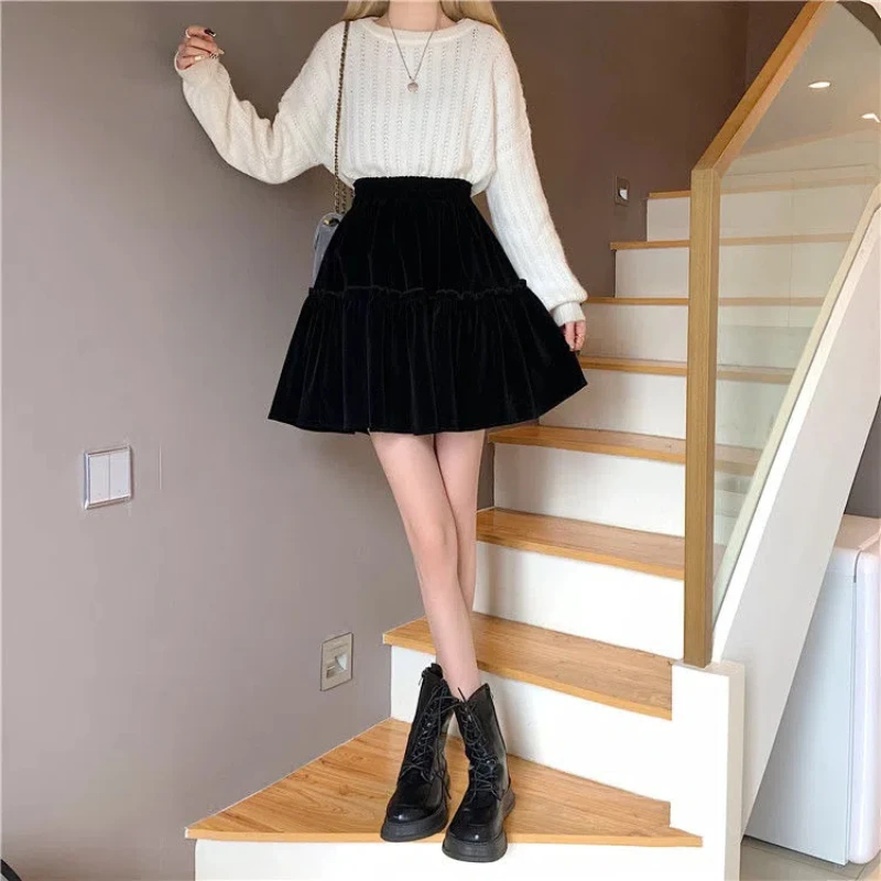 Korean Fashion Autumn Winter New Velvet Women Solid Patchwork Simplicity Elastic High Waist Short A-line Ball Gown Pleated Skirt