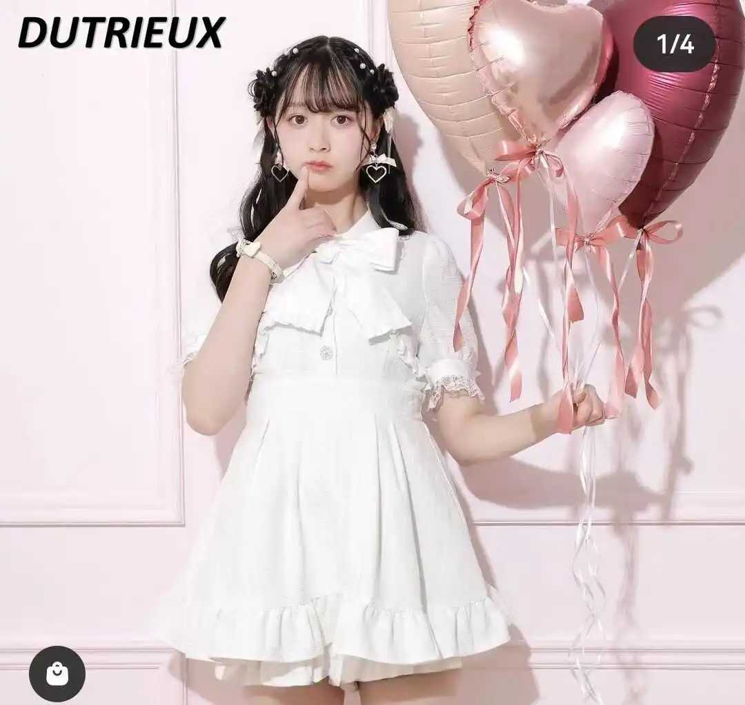 Japanese Style Sweet Cute Girls Hollow Out Tied Bow Top Slimming Dress and Base Shorts White Lolita Two Piece Set Outfits