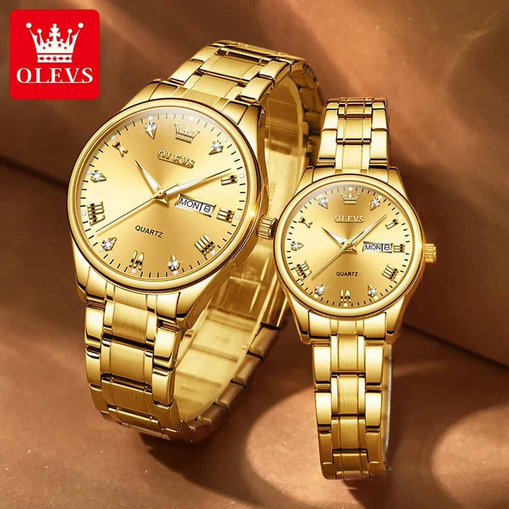 OLEVS jam tangan kuarsa pasangan, arloji merek baru emas baja tahan karat berlian mewah tanggal pekan bercahaya untuk kekasih