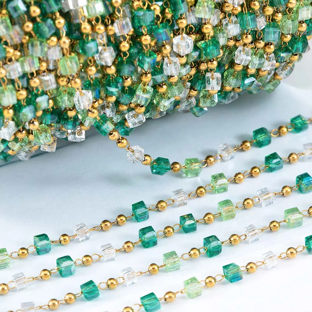 1Meter Stainless Steel Chain Boho Green Crystal Cube Square Beads Chain for DIY Holiday Style Necklaces Bracelets Jewelry Making