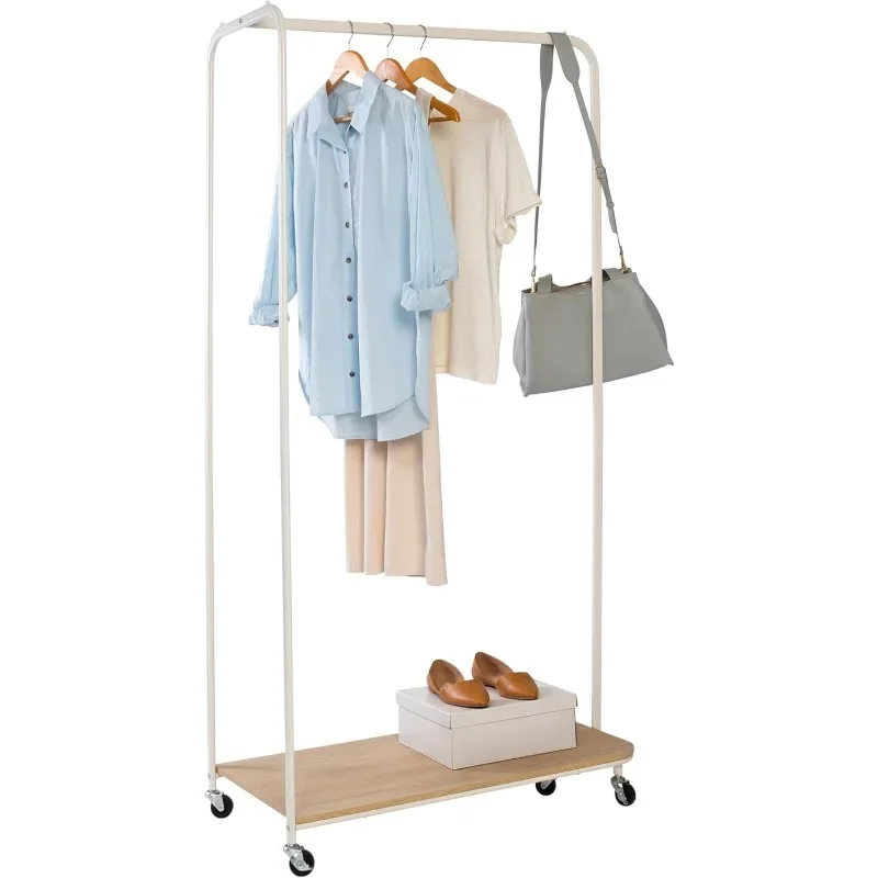 Clothing Rack, Clothes Rack with Wood Shelf, Freestanding, Easy to Assemble Garment Rack, Standing Metal Sturdy, Small Space