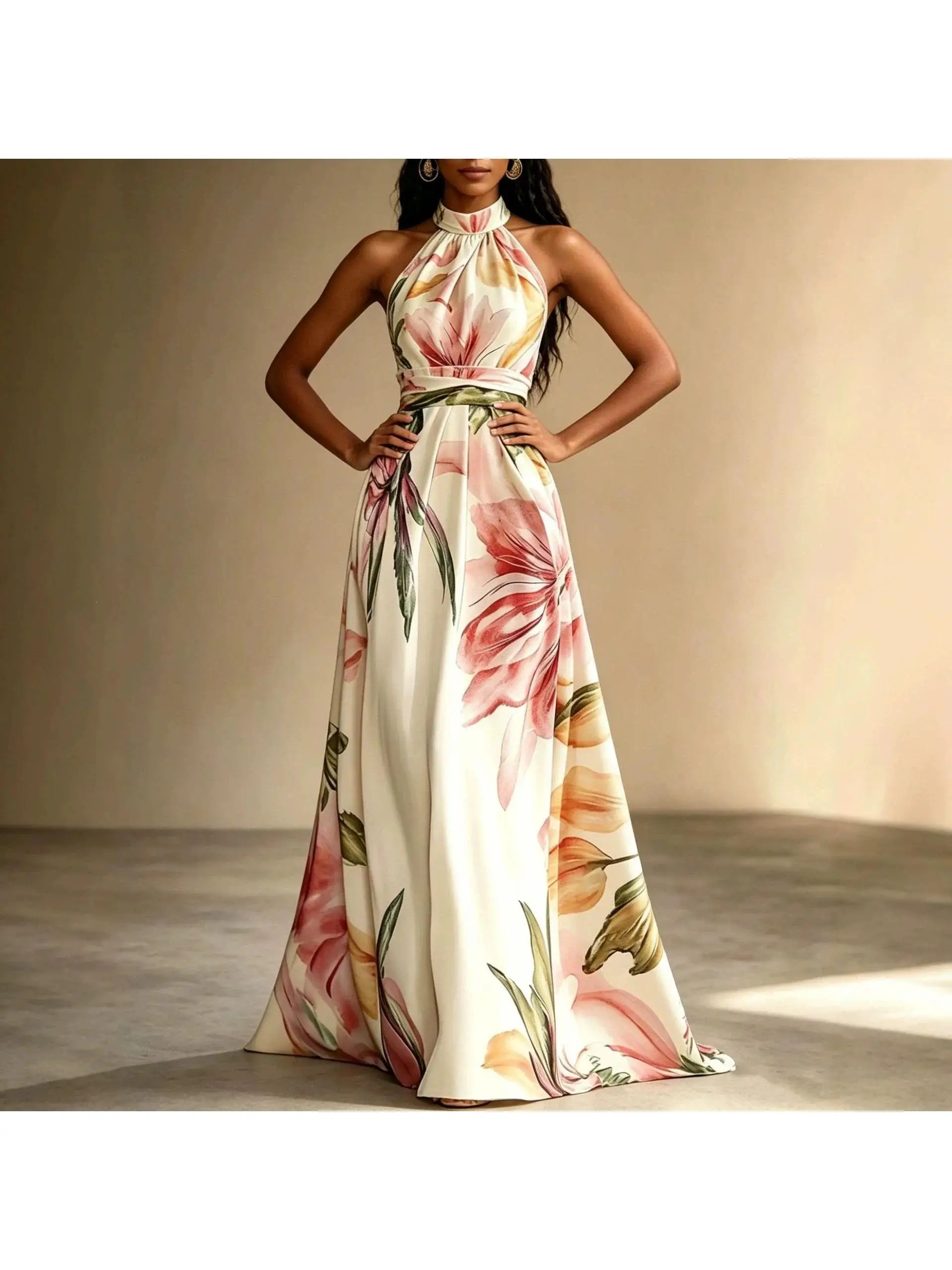 Elegantes bedrucktes Maxikleid mit Neckholder-Design und ausgestelltem Rock für Damen – Sommer 2026 Urlaubsstil, schlankmachend, Polyester