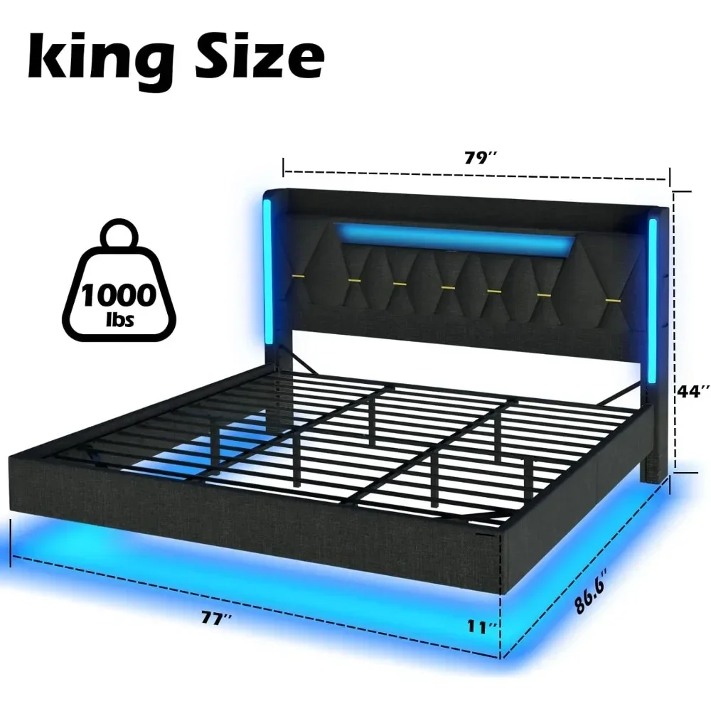 Cama King Size com cabeceira e espaço de armazenamento oculto, Otlets AC, portas de carregamento tipo C e USB, RGB Light Fabric Bed Frame