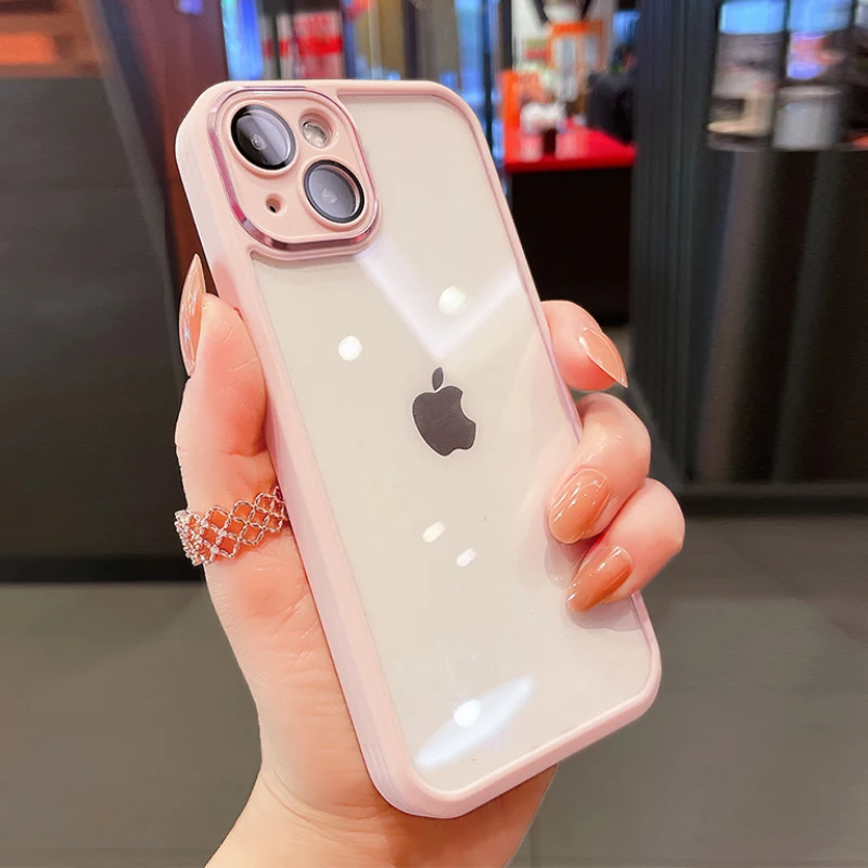 

Luxury Glass Lens Protector Acrylic Transparent Shockproof Case For iPhone 14 13 12 11 Pro Max Plus Silicone Bumper Metal Cover