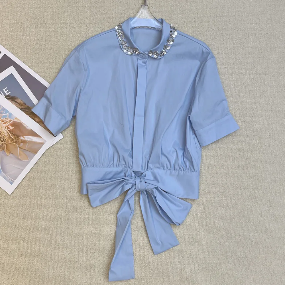 

High-quality 2026 new summer women's short-sleeved shirt with a bow-knotted belt design for waist decoration xy26529194