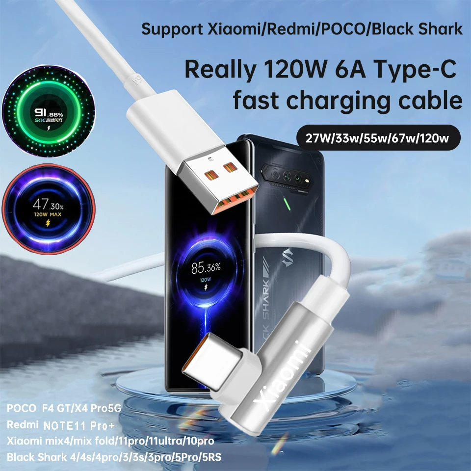 Xiaomi 120W 90 Degree USB Type C Fast Charging Cable For Mi 12 Poco F4 GT X4 Pro 5G Blackshark 5Pro Redmi K50 Type-C Data Cord