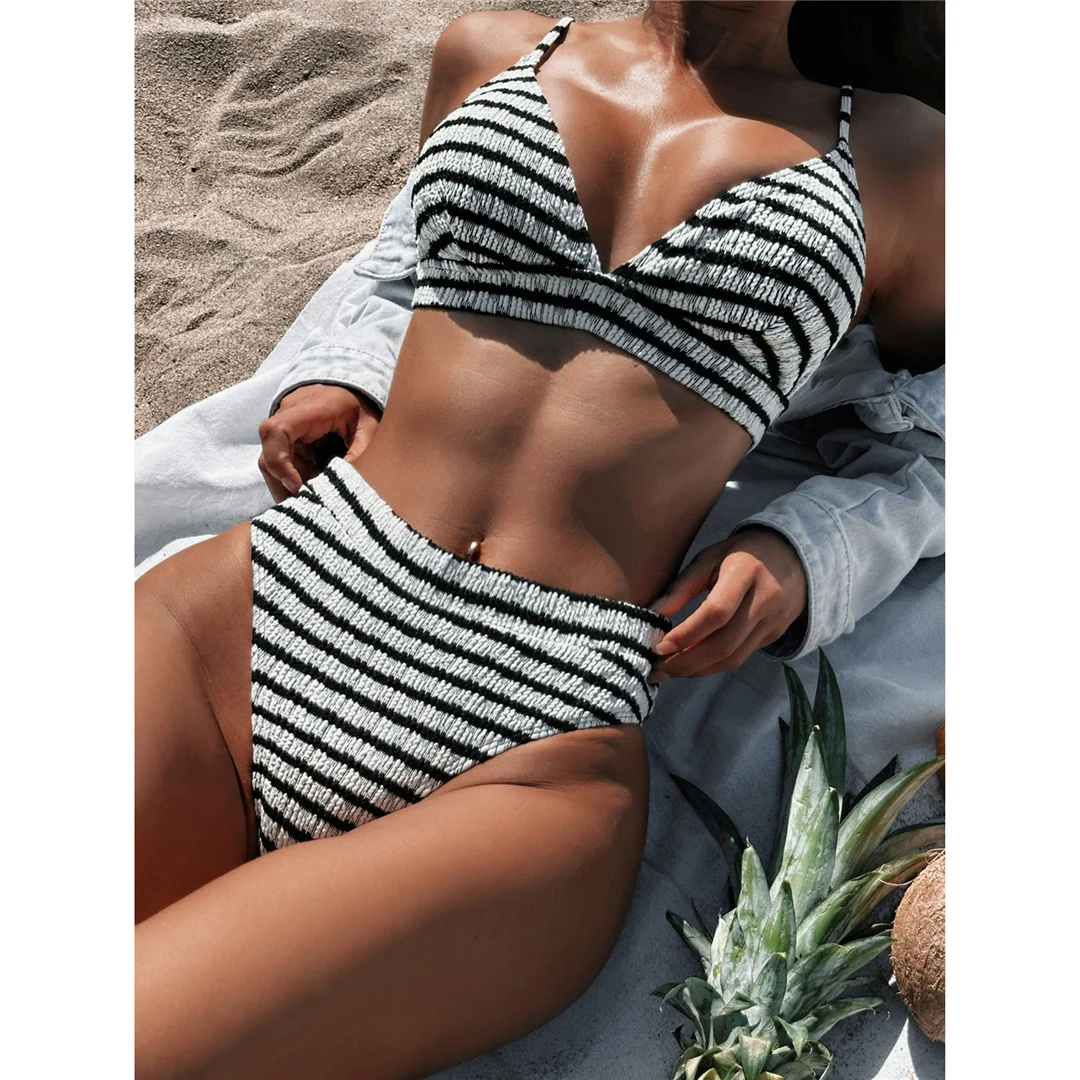 Sexy, schwarz-weiß gestreifter Bikini mit hoher Taille, Damen-Badeanzug, zweiteiliges Bikini-Set, Badebekleidung, Badeanzug, Modell V5830. – Detail 7