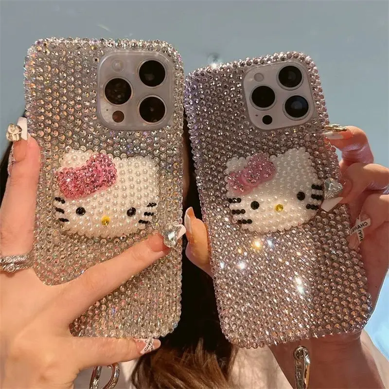 

Fashion Girls Pink Crystal Glitter Cute Hello Kitty Diamond Glitter Phone Case for IPhone 17 16 15 12 13 14 Pro Max Bumper Case