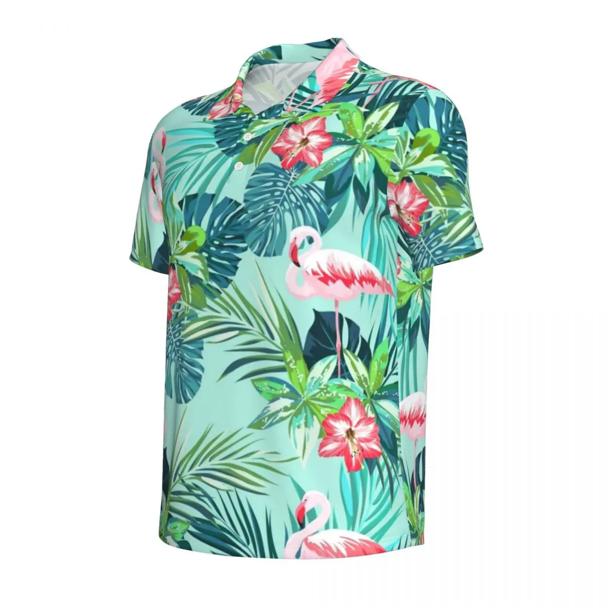 Flamingo Flower Print Polo Shirts Men Bright Green Leaf Casual Shirt Day Trending Collar T-Shirts Short Sleeve Oversized Tops