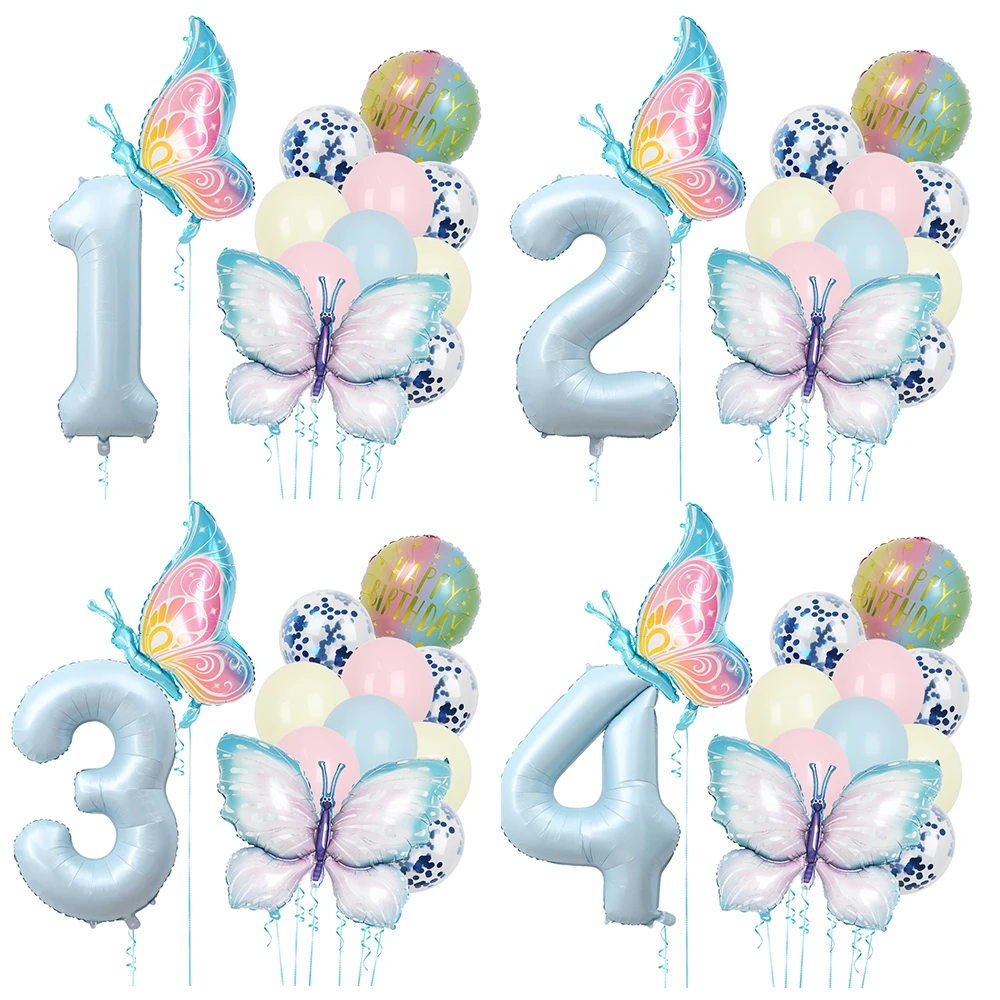 12 Pc Blue Pink Butterfly Balloons 40inch Number 1-9th Balloon Kids Boys Girls Birthday Party Decorations Baby Show Party Decor