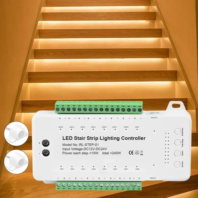 

16 Channels Led Stair Light Staircase Controller 2 PIR Motion Sensor Controller For Indoor Stairway Flexible LED COB Strip Light