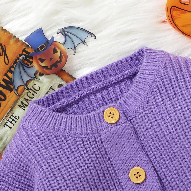 Toddler Baby Girl Halloween Knit Cardigan Sweater Long Sleeve Ghost Pumpkin Embroidery Purple Fall Clothes