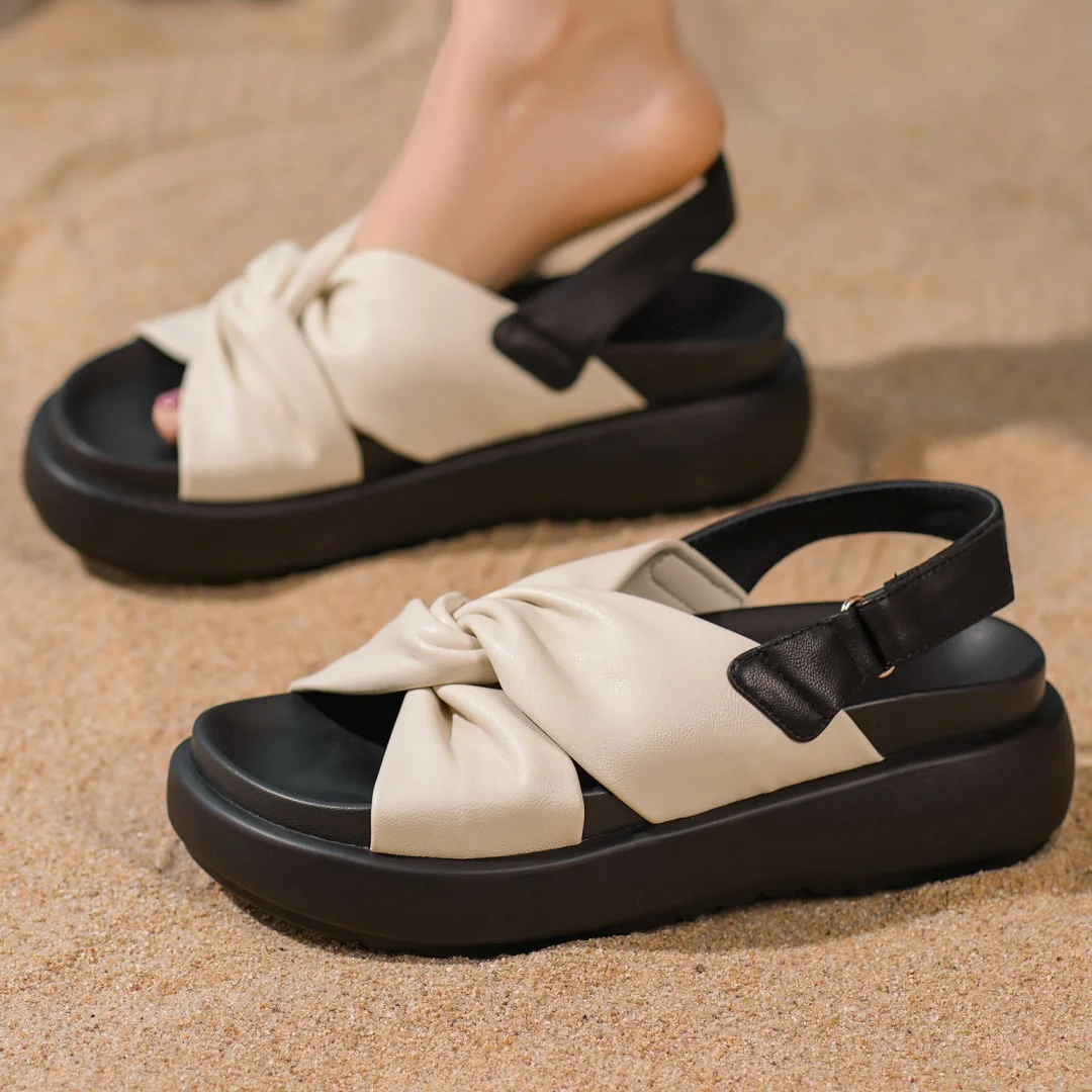 

danxuefei 2025 summer new women's genuine leather mix color slingback open toe thick sole platform flats casual sandals shoes