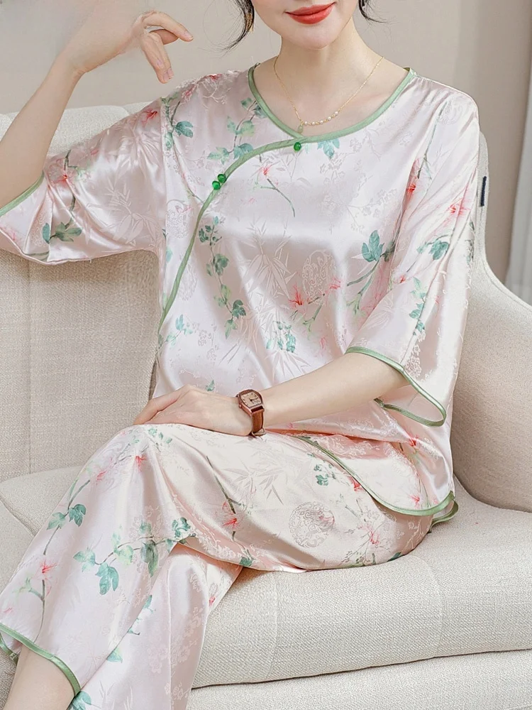 

New Chinese Sle Summer Outfit Ice Silk ort Sve Women's Two-Piece Set Faionable Top And Pants Loose Fit round Ne
