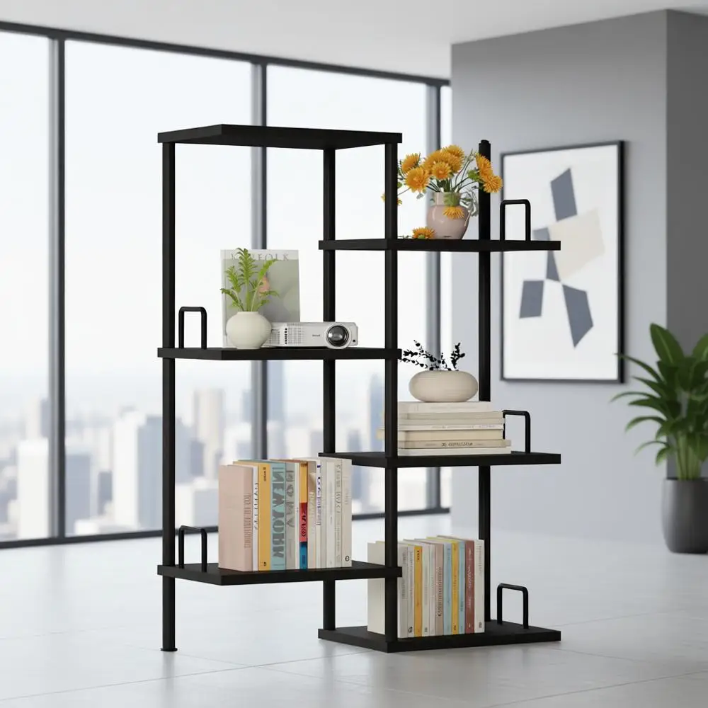

Industrial Metal Spine Bookshelf - Tall Narrow Floor Standing Ladder Bookcase Organizer for Living Room, Study, Office, Bedroom
