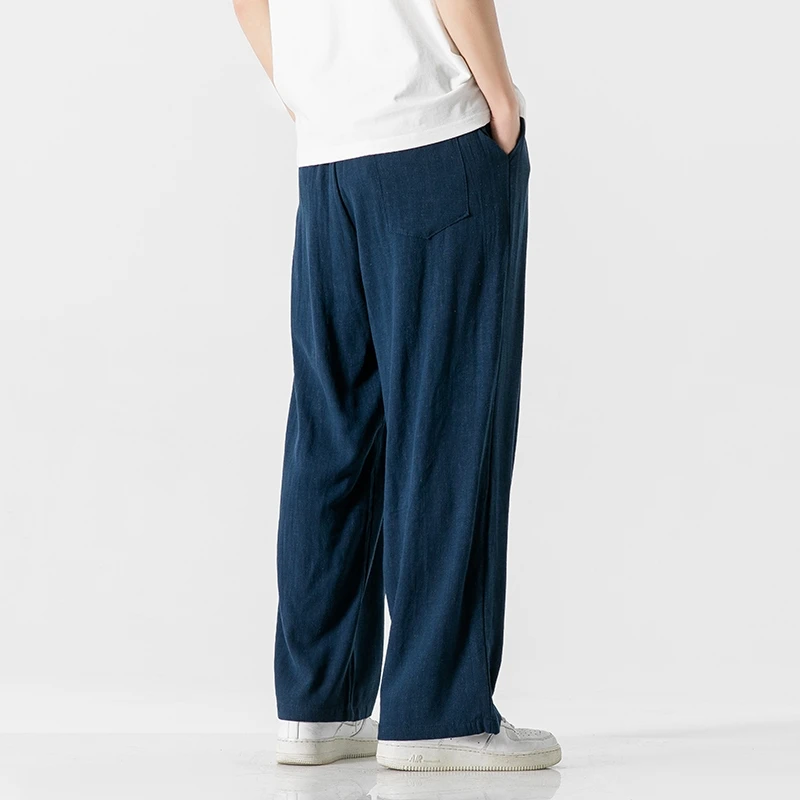 Summer Chinese Style Harem Pants Men Cotton Linen Solid Casual Trousers Mens Loose Lightweight Drawstring Full Length Pants Man