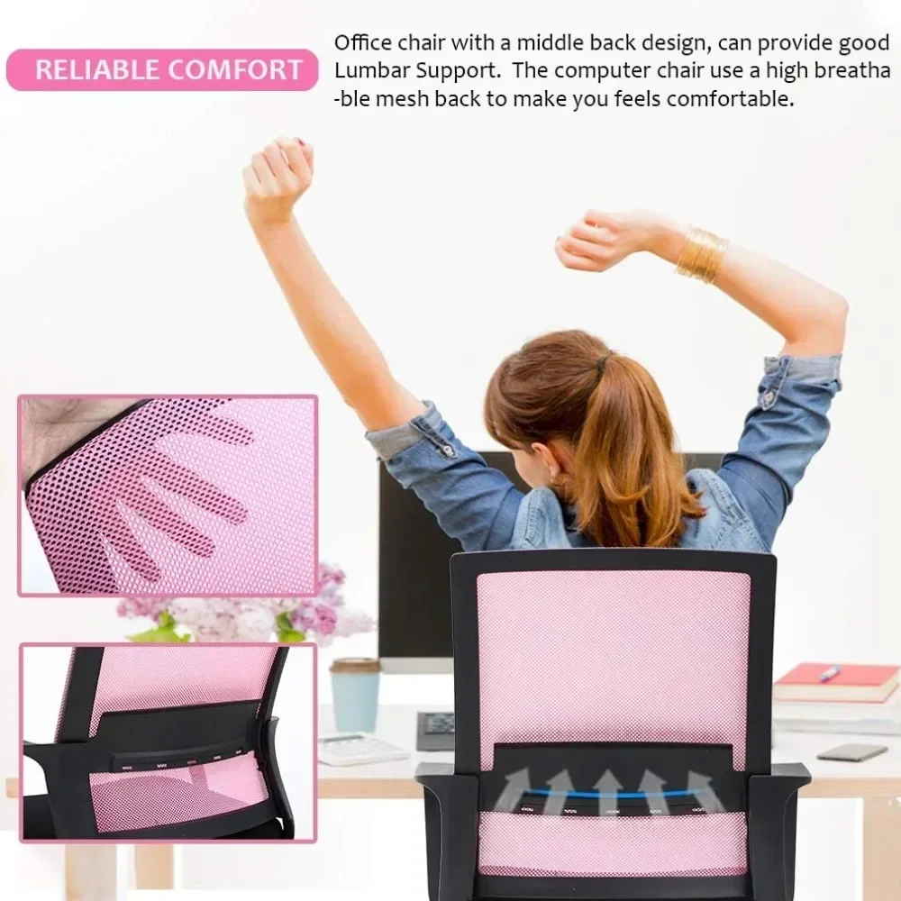 Office Chair, Mesh Work Chair, Ergonomic Administrative Computer Chair, Height Adjustable, Rolling And Rotating, Pink