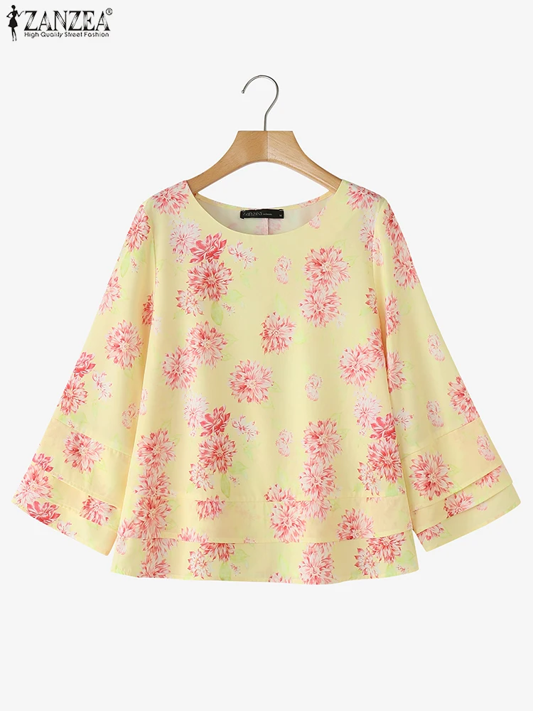 

ZANZEA Women Casual Loose Blouses Vintage Floral Printed Tops O Neck Blusas 2025 3/4 Flare Sleeve Summer Tunics Oversized