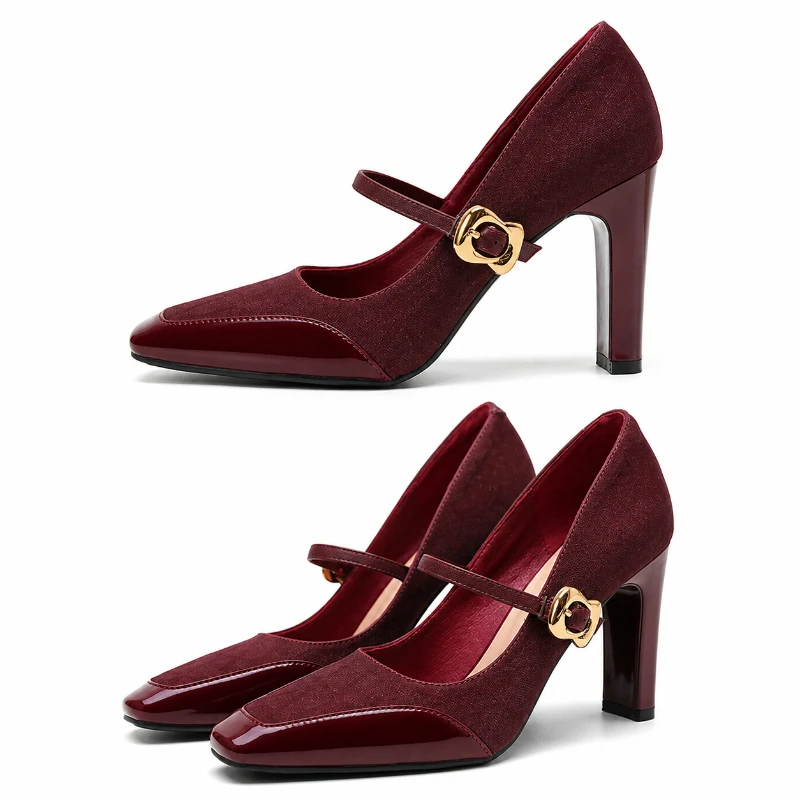 

2026 French Style Burgundy Mary Jane Pumps Women 9cm Block High Heels Square Toe Strap Shoes Office Party Wedding