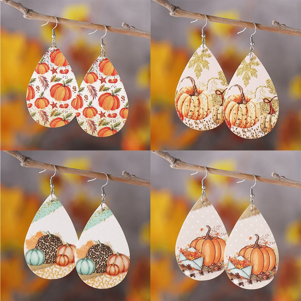 Thanksgiving Day Series Stud Earrings Fallen Leaves Pumpkin Teardrop Wooden Double-Sided Pendant Earrings Popular Jewelry Gifts