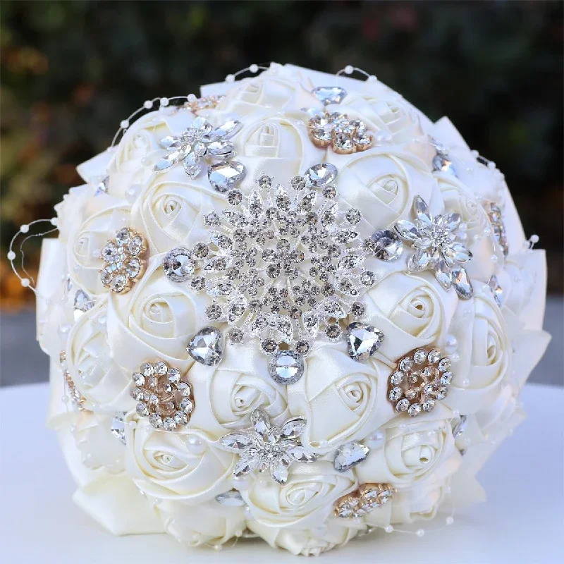 1pc 高級手作りブーケ結婚式用ラインストーンジュエリー装飾リボンローズフラワーブライダルフラワーパーティー装飾ウィッグ接着剤