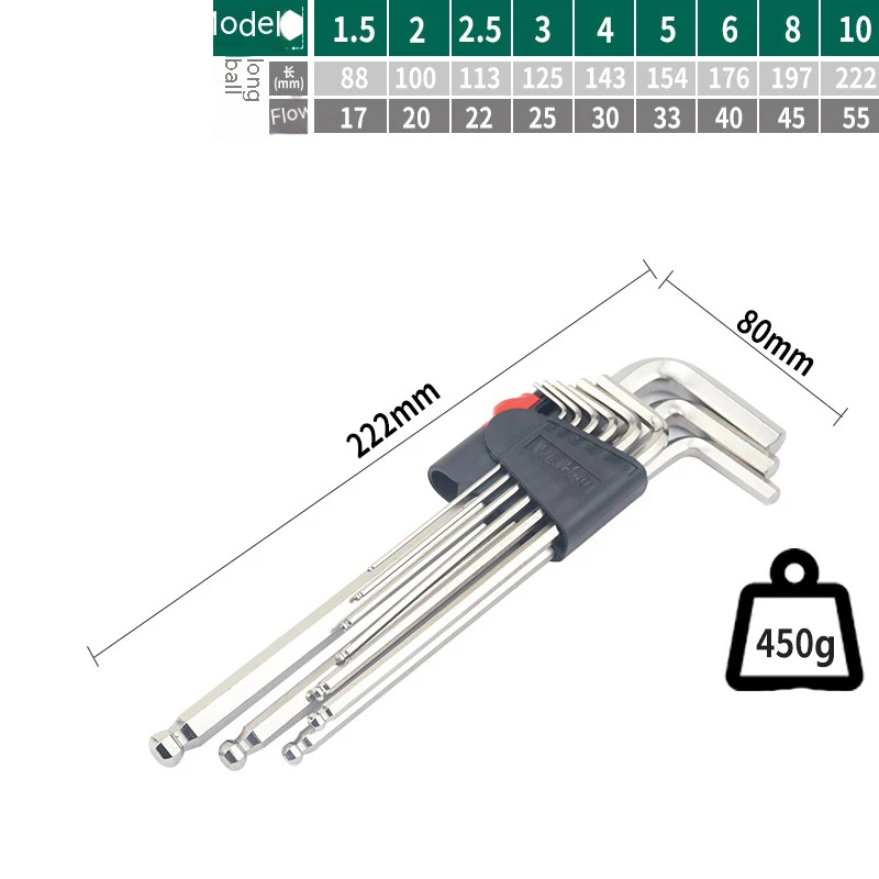 9pcs Hexagon Wrench Set L-Type Double-Headed Screwdriver Hexagon Wrench Flat Head Ball Head Portable Household Tool Set