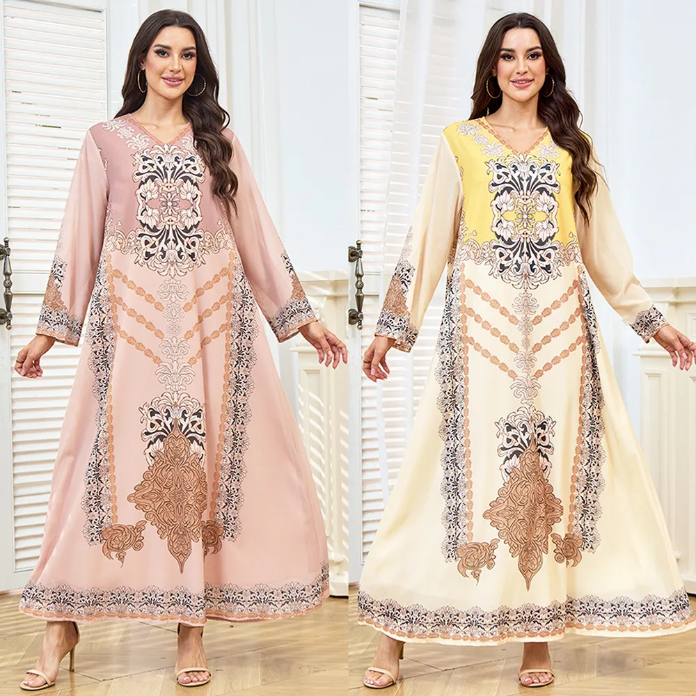 

New Arabian Women's Casual Printed Loose Long-sleeve V-neck Pullover Long Dress Fashion Dress Ramadan Dubai Luxury Islam Elegant