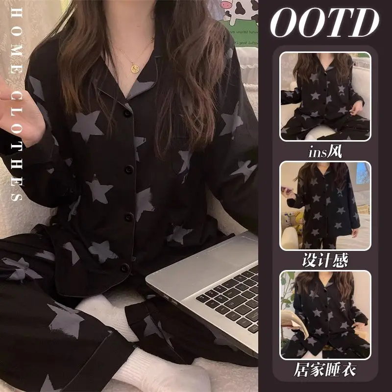 

Korean Style Black Pajamas for Women Star Print Long Sleeve Trousers Homewear Set Girl Student Casual Loose Home Clothes Comfort