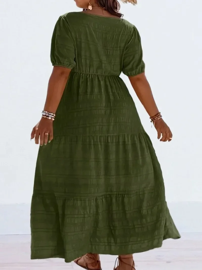 حجم كبير 1XL-5XL أزياء المرأة ساحة الرقبة بلون فستان بأكمام قصيرة السيدات عارضة ألف خط تنورة فستان طويل