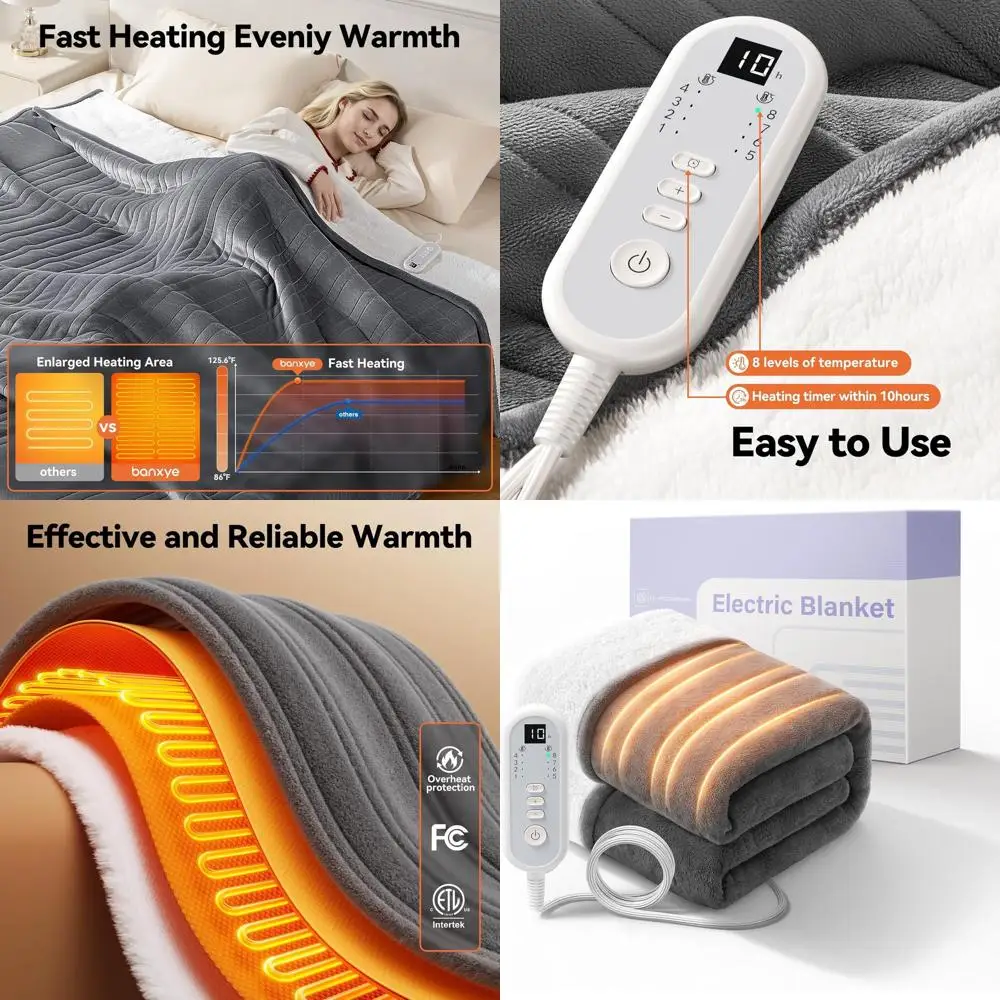 

Electric Heated Blanket with Dual-Core Safety, ETL Certified, 72x84, 10H Auto-Off, 8 Heat Settings, Washable Flannel & Sherpa, P