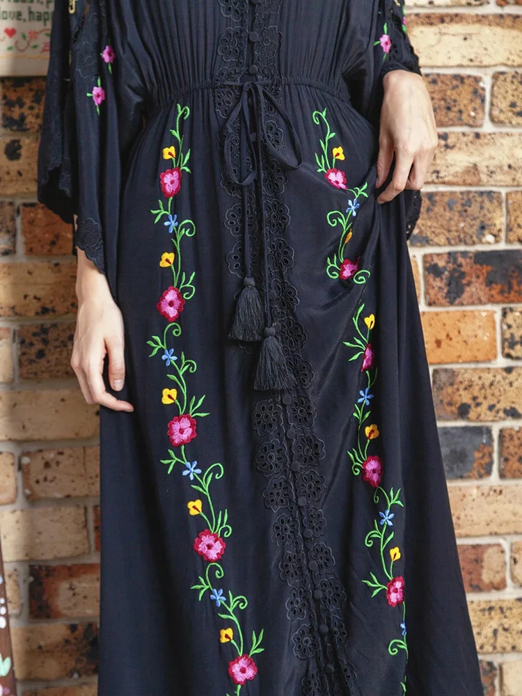 KHALEE YOSE Floral Embroidery Boho Maxi Dress Black Cotton Loose Long Sleeve V-neck Women Vocation Ladies Dresses Vestidos New