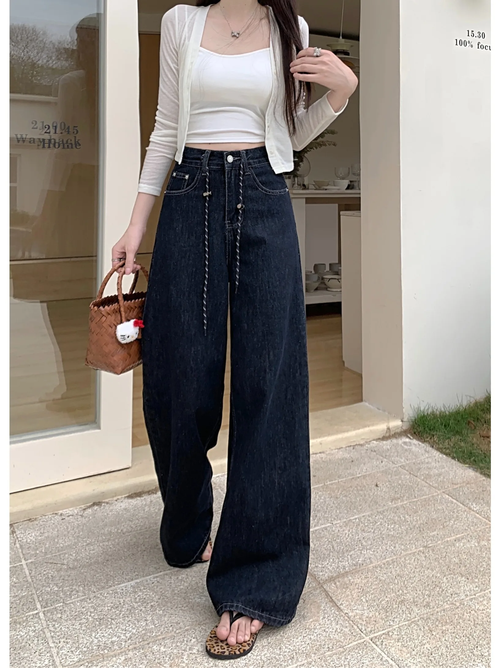 

Женские джинсы с высокой талией и широкими штанинами на шнурке, весна 2026, новые, в стиле ретро, универсальные, свободные, длинные брюки, для повседневной носки, с эффектом потертости