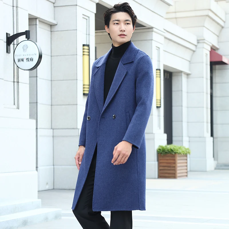 High End Long Men\'s 100% Pure Wool Suit, Woolen Cardigan Jacket, Autumn/ Winter New Woolen Business Double-sided Cashmere coat