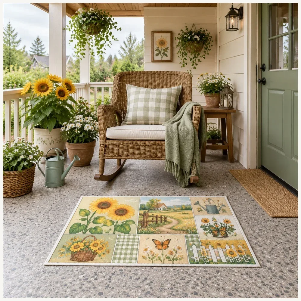 VIKAMA Sunflower Field Door Mat, Soft Non Slip Flannel Rug, Country Charm Floor Mat for Pantry, Cloakroom, Hallway