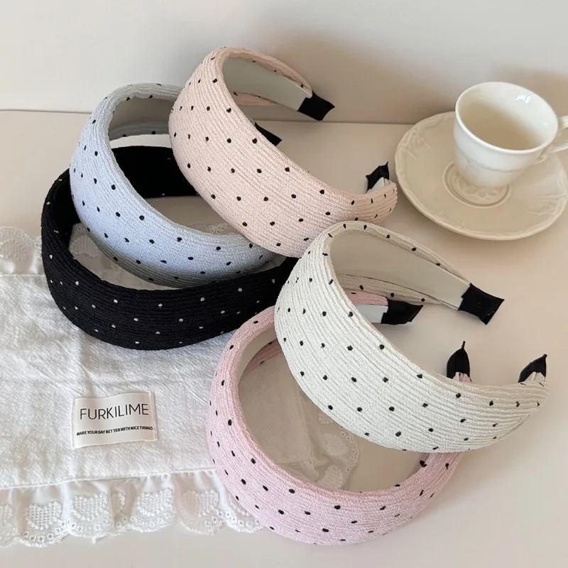 

French Simple Polka Dot Wide Headband Face Slimming Pleated Hair Hoop Non-Slip Cute Hairband for Daily Wear Trendy Headwear