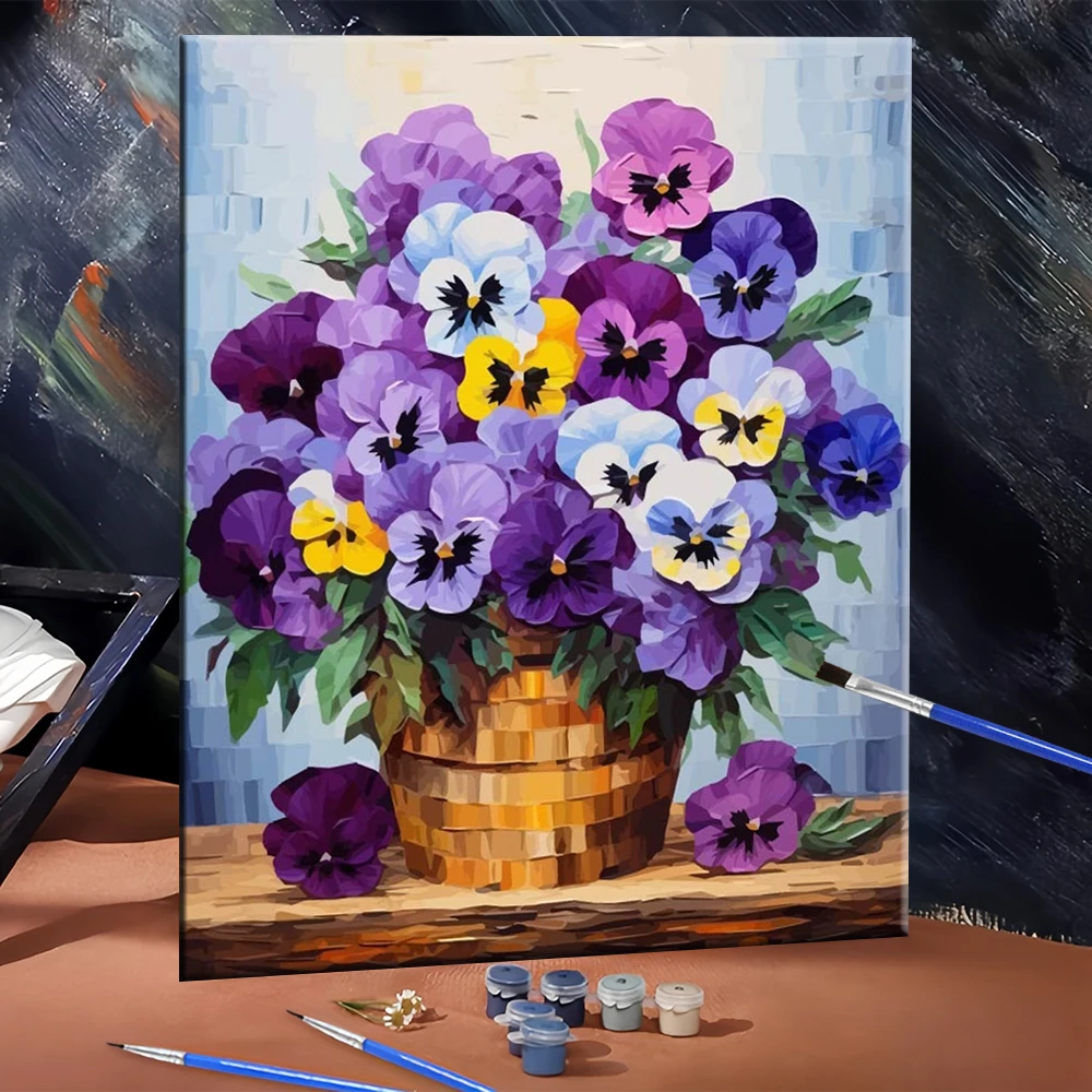 Huacan DIY-Ölgemälde nach Zahlen, Stiefmütterchen, digitales Ölgemälde, Blumenbild, Kunsthandwerk auf Leinwand, Wohnzimmer, moderne Heimdekoration