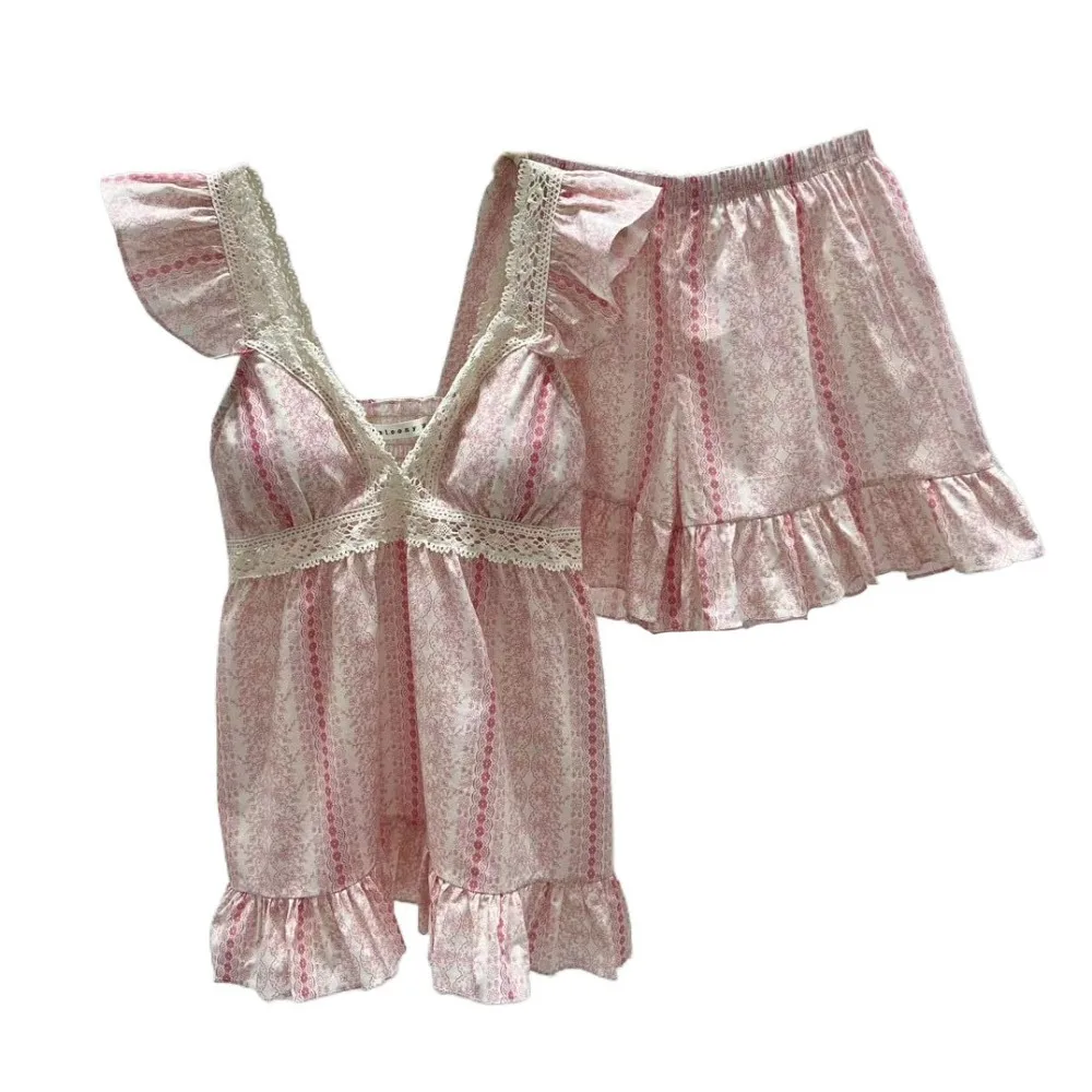 

Striped Suspender Shorts Pajamas Ruffle Sleeveless Floral Pajamas Suit with Chest Pad Loose Two Piece Nightwear Sleeping