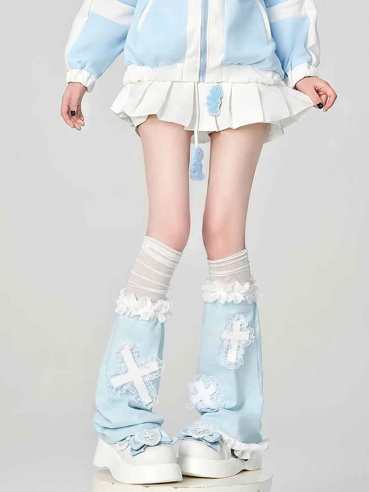 Original Self-made Subculture Y2K Two-dimensional Blue and White Water Color Cross Lace Edge Millennial Babes Cos Socks
