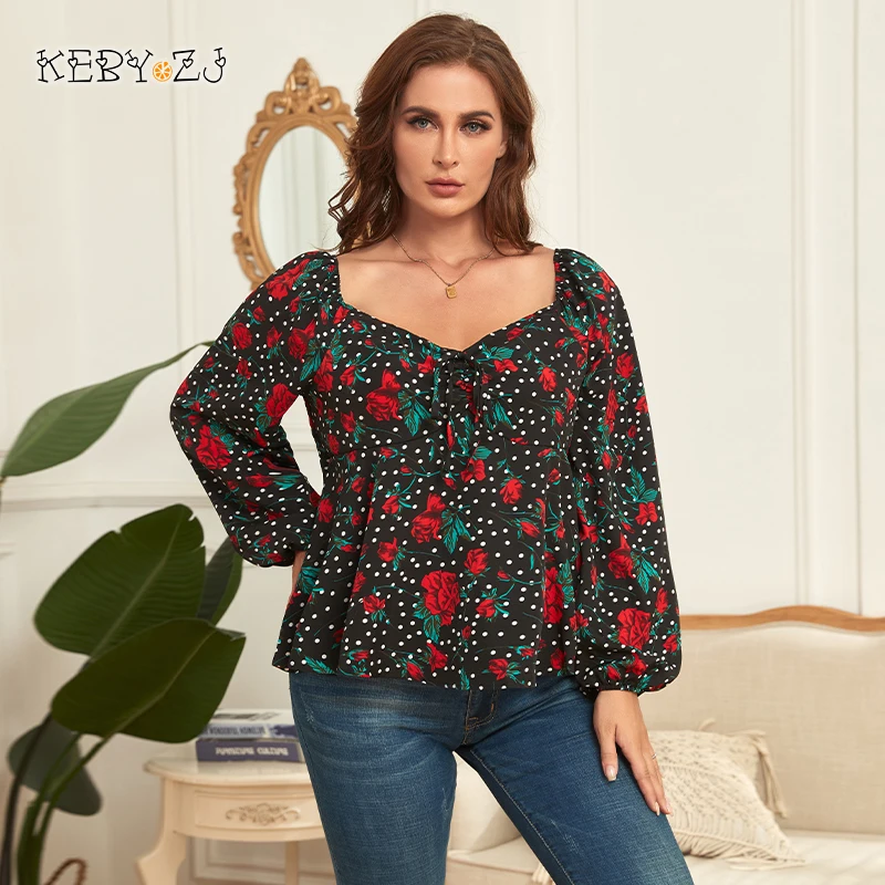 

KEBY ZJ Plus Size Sweetheart Neck Knot Front Peplum Top Blouse Women Spring Fall Long Sleeve Polka Dot And Floral Print Blouses