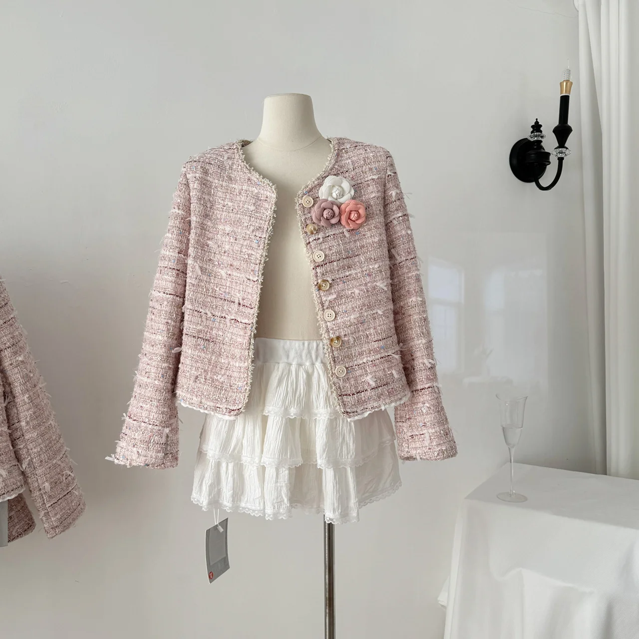 Spring Autumn Women's Coarse Woolen Noble Round Neck Pink Fragrant Jacket Coats