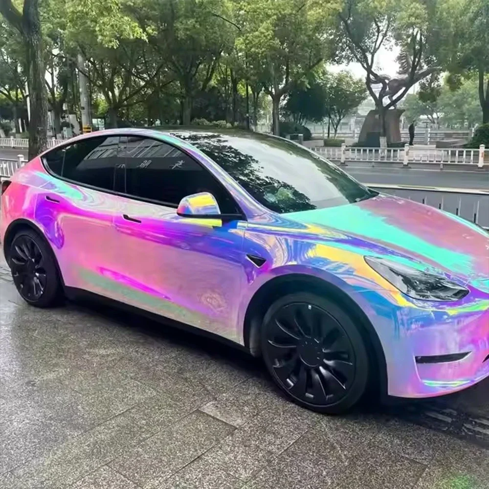 Glossy Rainbow Chrome PET Vinyl Wrap Color Change Car Body Film Pink Blue Waterproof DIY Decal Sticker Car Accessories
