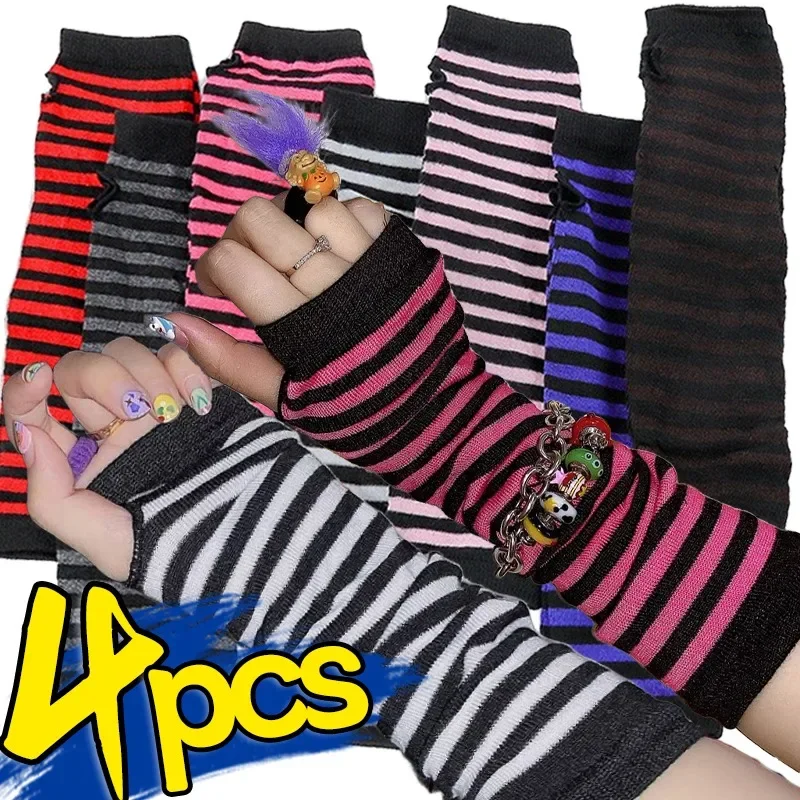 Colorful Striped Elbow Gloves Lolita Women Fingerless Knitted Long JK Darkly Ninja Arm Sleeves Elbow Mittens Party Accessories