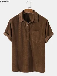 New 2026 Men's Summer Corduroy Short Sleeve Shirt Fashion Casual Streetwear Solid Lapel Loose Pullover Retro Simple Tops for Men