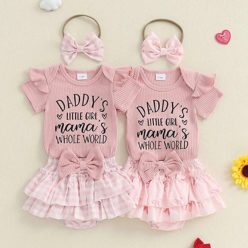 

0-18 Months Baby Girls Summer Shorts Outfits Flying Sleeve Letter Print Romper Tiered PP Shorts Headband Sets