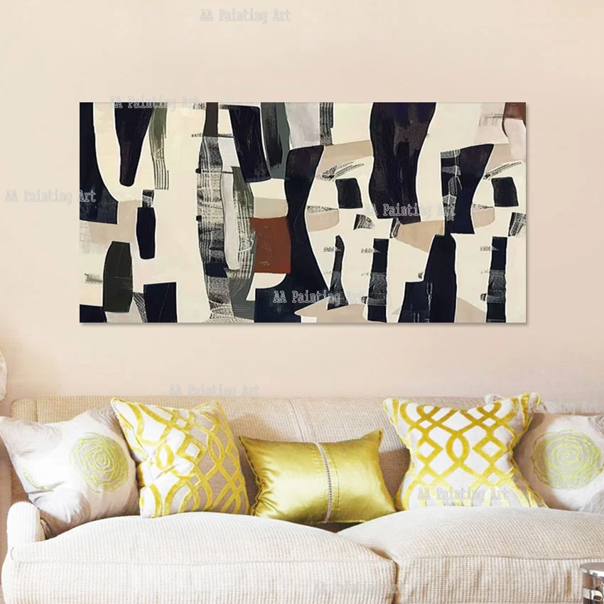 Large Size Living Room Decor Luxury Black And White Abstract Geometry Shape Acrylic Painting Pure Handmade Abstract Murals Art