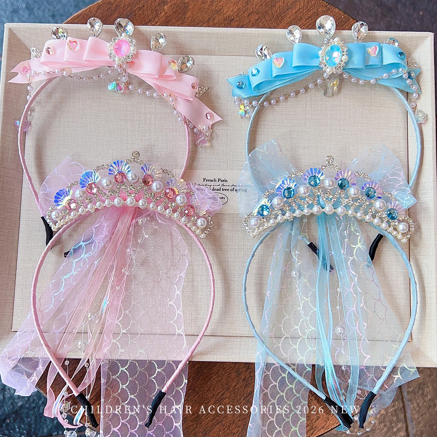 New Kids Princess Crown Headband Mermaid Tail Rhinestone Tiara Long Ribbon Streamer Tulle Veil No Hurt Hair Hoop for Toddler view 3