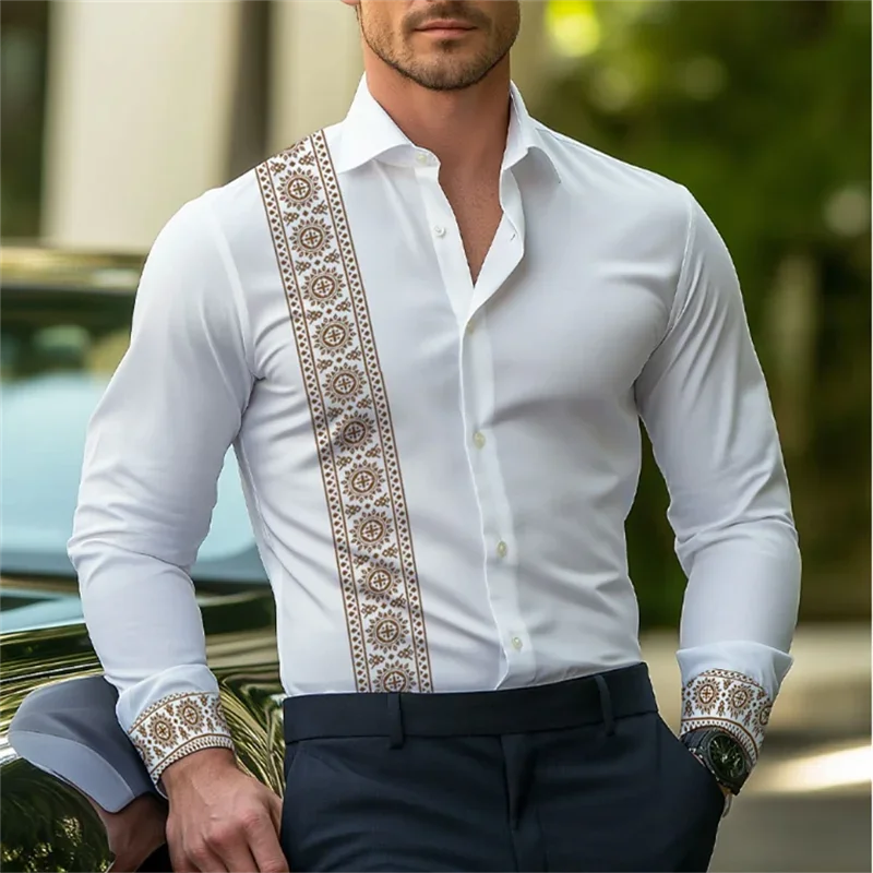 New Men's Ethnic Color Retro Style Soft and Comfortable Shirt Street Vacation Racing Spring/Summer Collar Long Sleeve Shirt Top