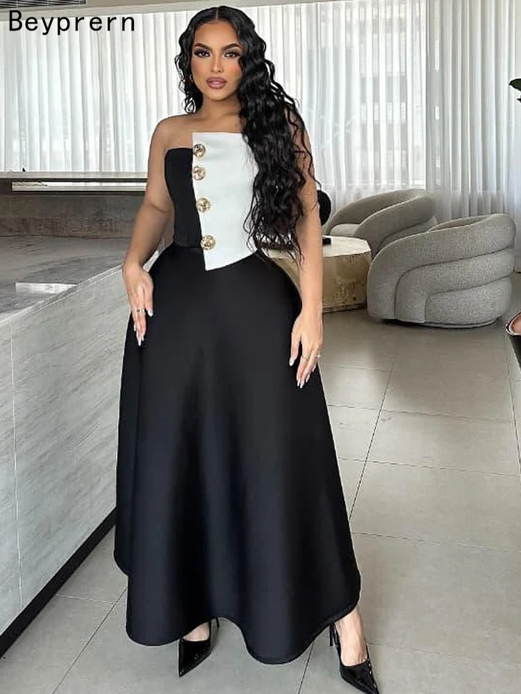 

Beyprern Elegant Contrast Color Button Accent Crop Top And Maxi Skirt Set Holiday Outfits Runway Womens Tracksuits Set Clubwear